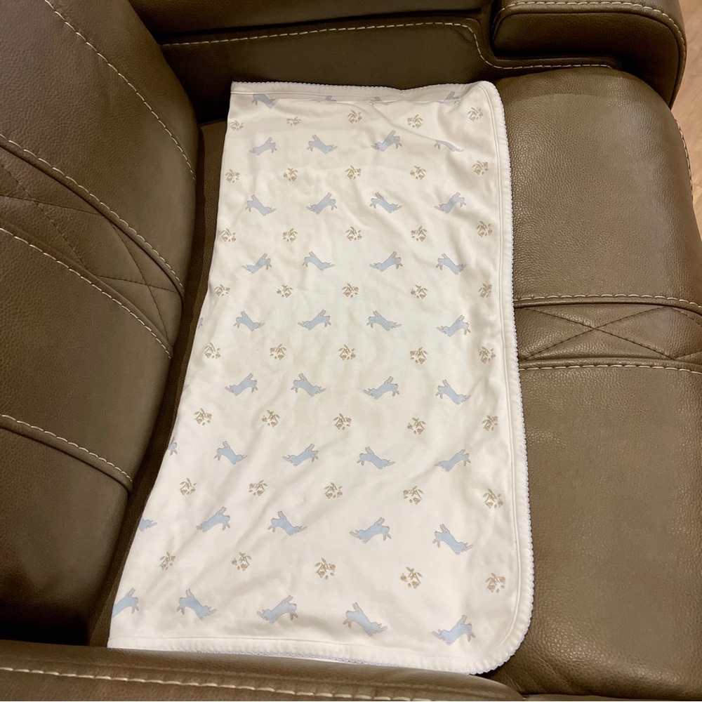 Little English White Baby Blanket with Blue Bunnies Print